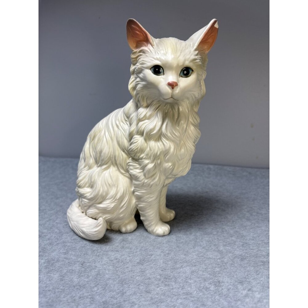 Vintage White Ceramic Cat Figurine with Blue Eyes & Detailed Fur Design 9" Tall